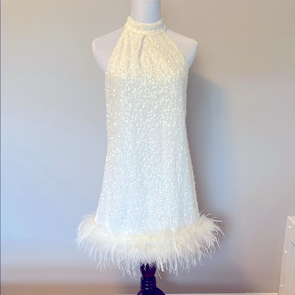 Sequin Halter Dress with Feather Hem